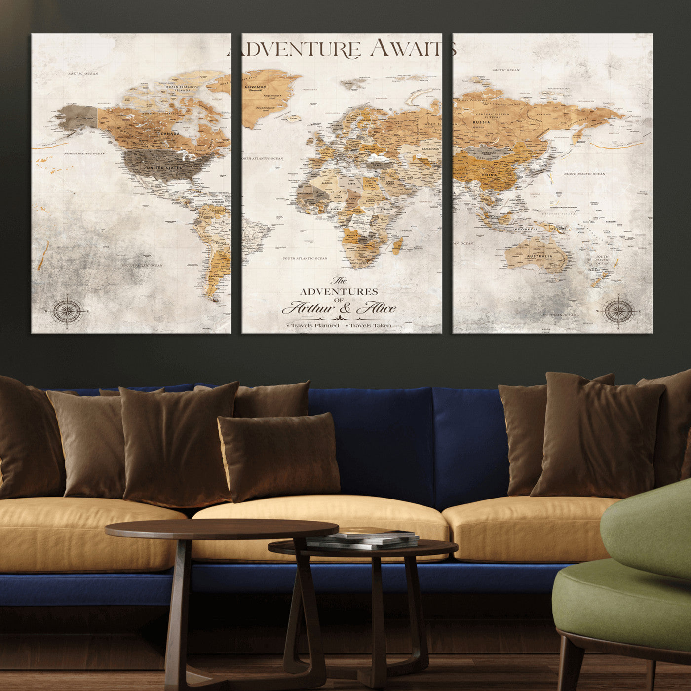 Rehber01-MGV-CV-36X24-Personalized World Map Canvas Print – Custom Push Pin Travel Map Vintage Neutral Style Gift for Couples Travelers for Home Office