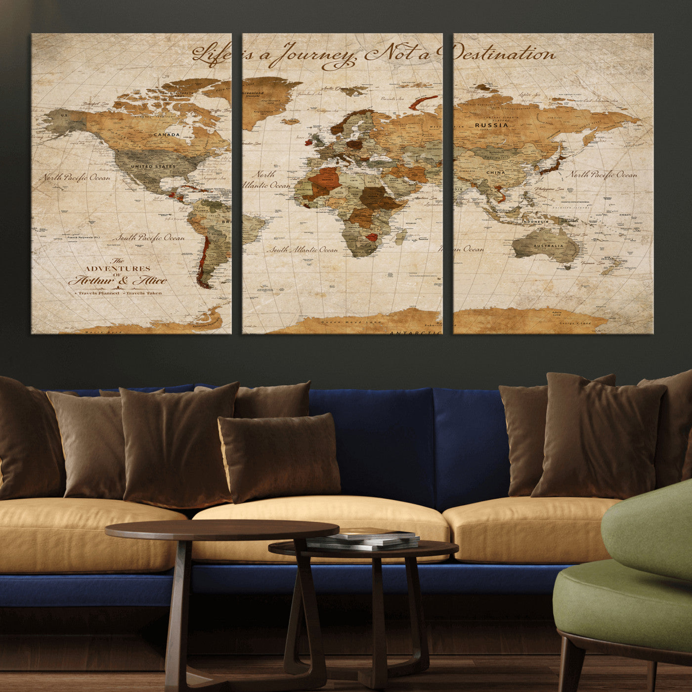 Rehber01-MGV-CV-36X24-Personalized Vintage World Map Canvas – Custom Framed Push Pin Travel Map Wall Art, Rustic Gift for Couples and Travel Lovers