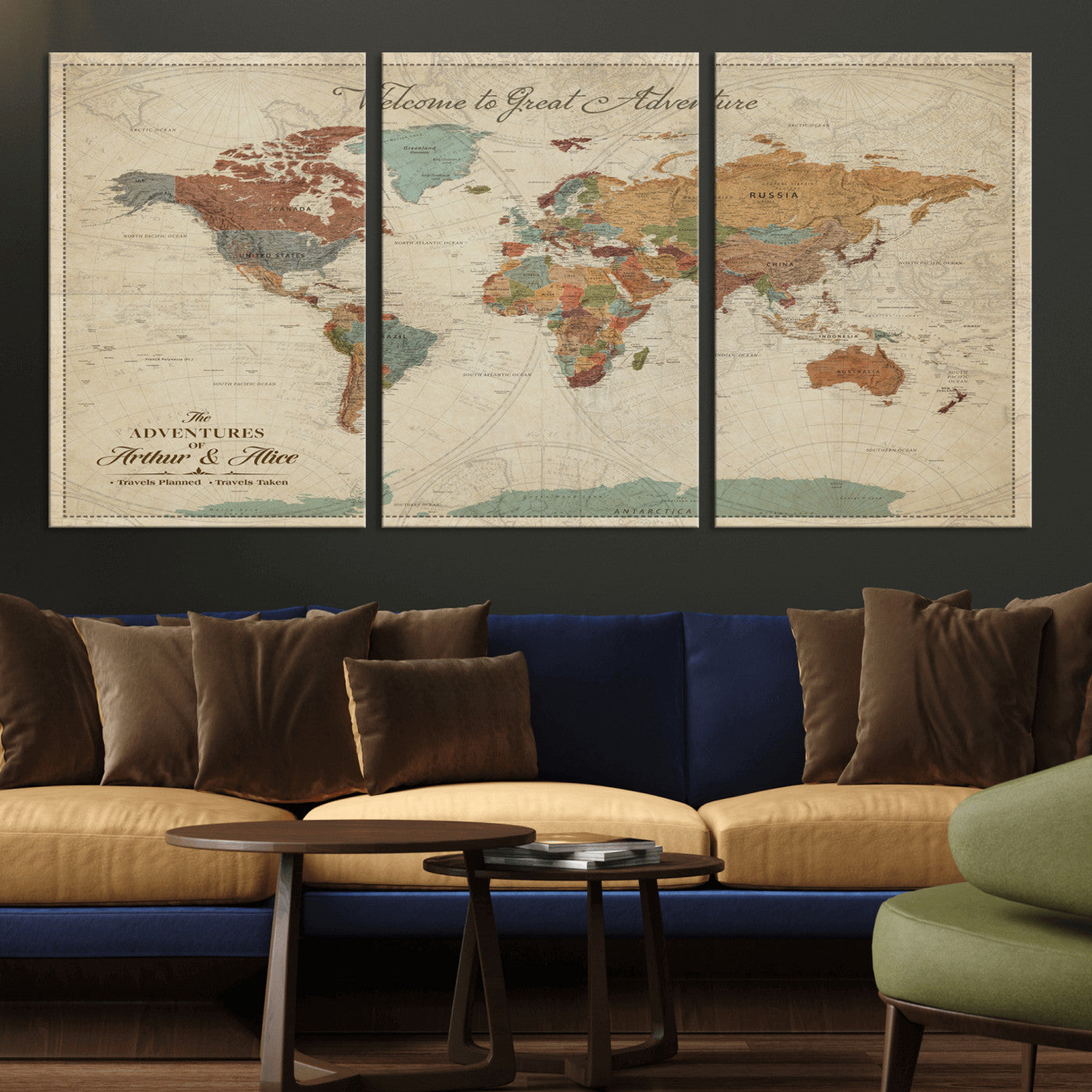 Rehber01-MGV-CV-36X24-Personalized Antique World Map Canvas Print – Custom Push Pin Travel Map Vintage Gift for Couples Explorers for Home, Office