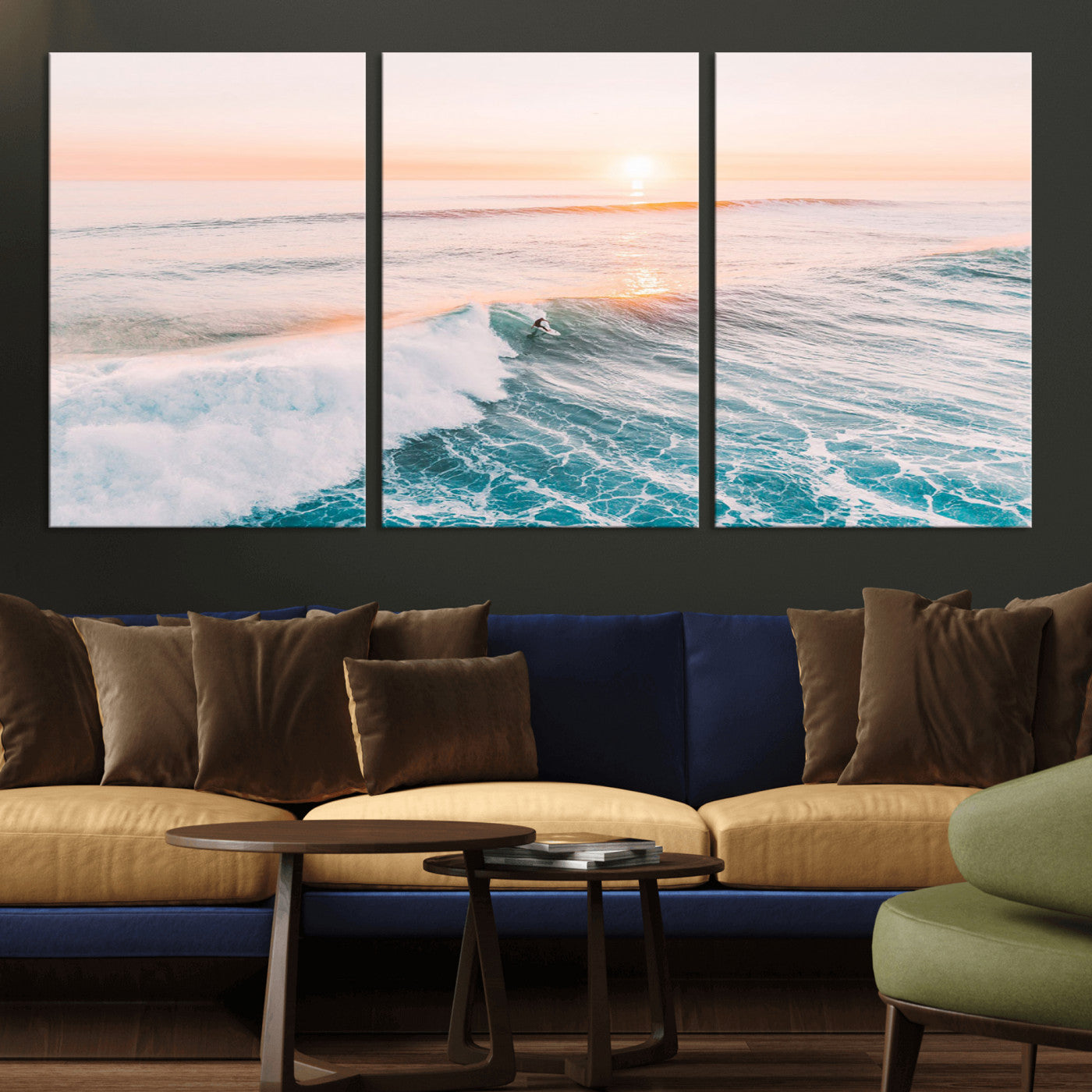 34064591-MGV-CV-36X24 - Sunset Surfing Wall Art Canvas Print, Ocean Wave Surfer with Golden Sky Artwork for Home, Office, Living Room
