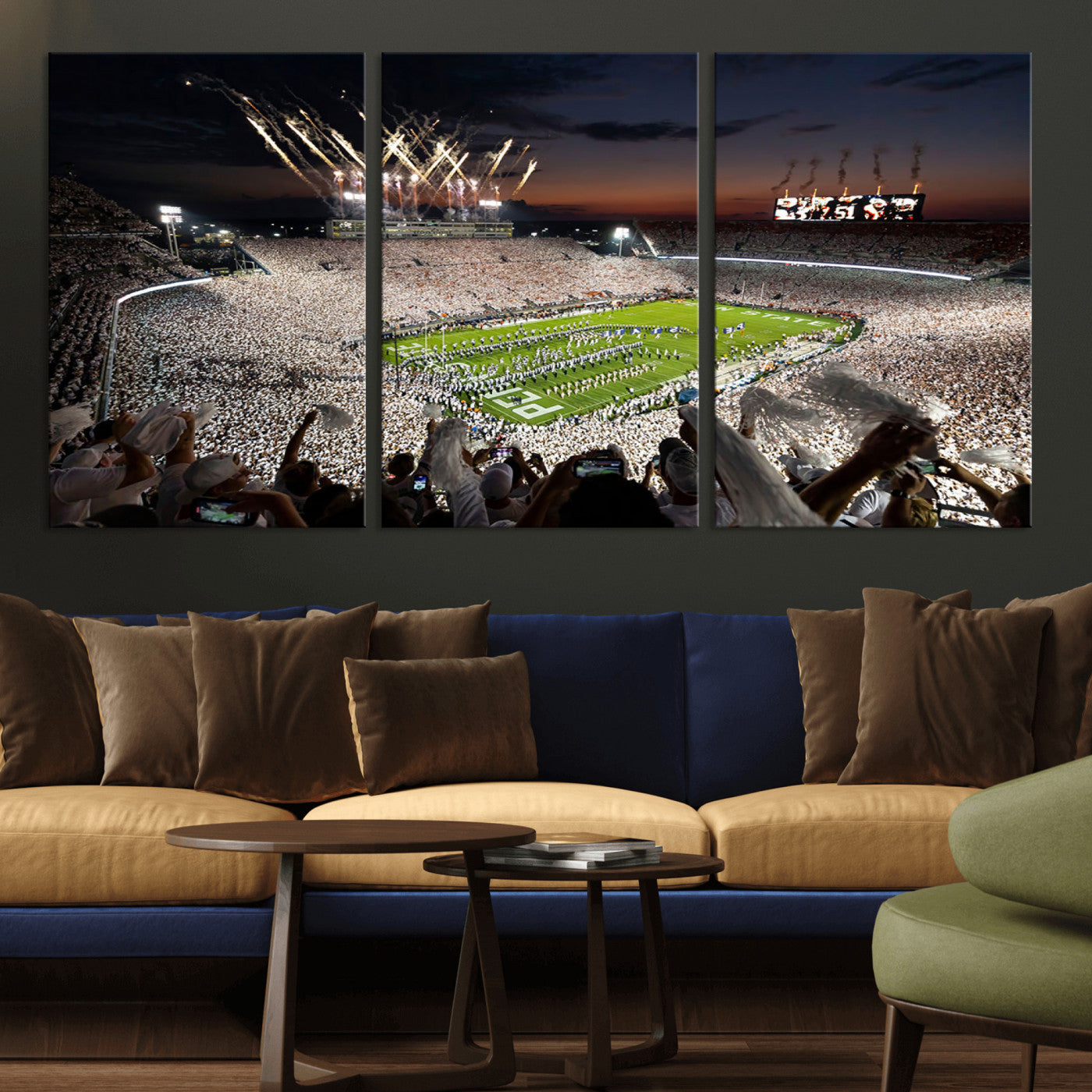 11221988-MGV-CV-60X30-3P - Epic Night Football Stadium Wall Art Canvas Print, Fireworks and Crowd Energy Game Day Excitement Decor for Home, Office