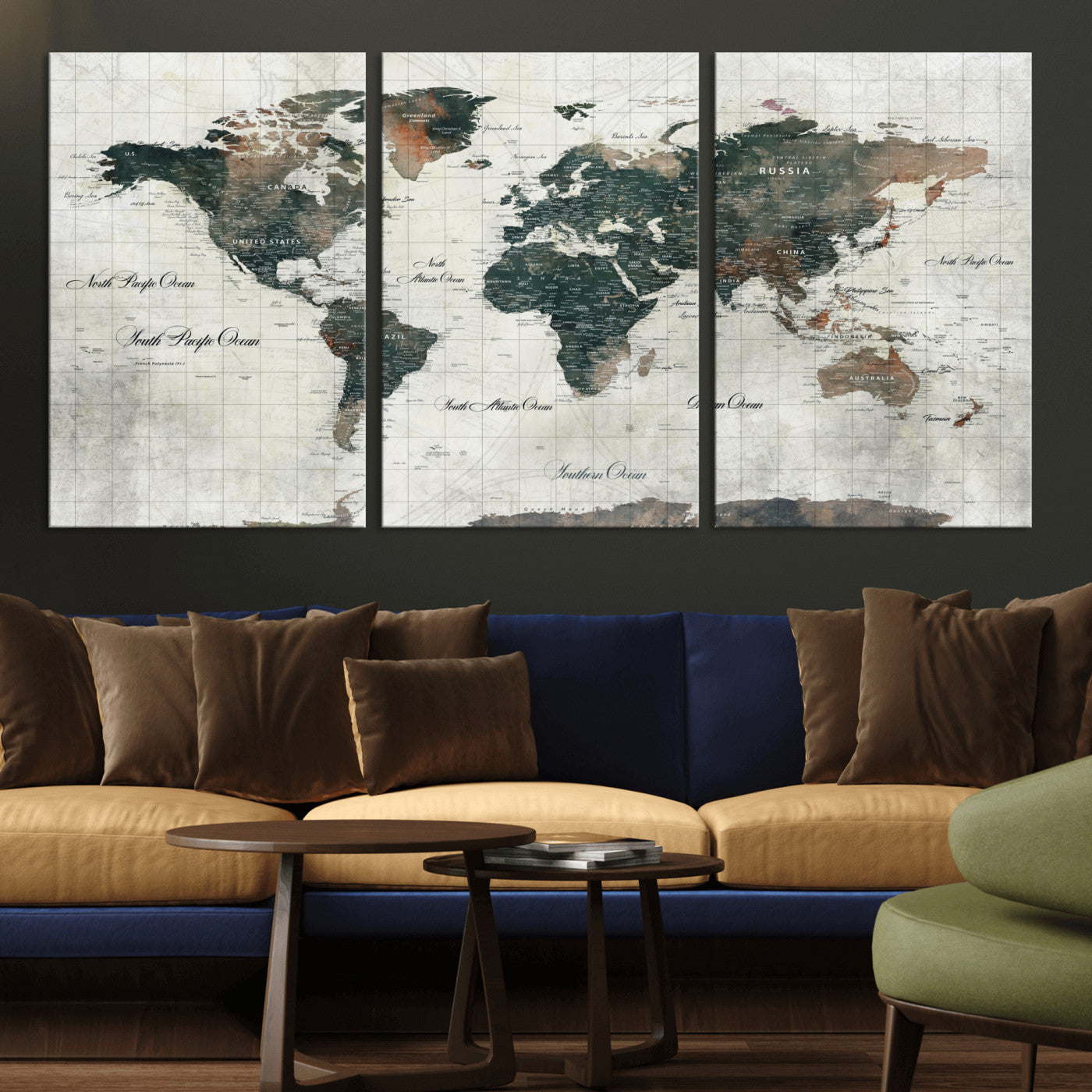 90149079-MGV-CV-60X30-3P - World Map Wall Art Canvas Print, Modern Decorative Framed Map Artwork Prints for Living Room, Office, Bedroom Wall Decor