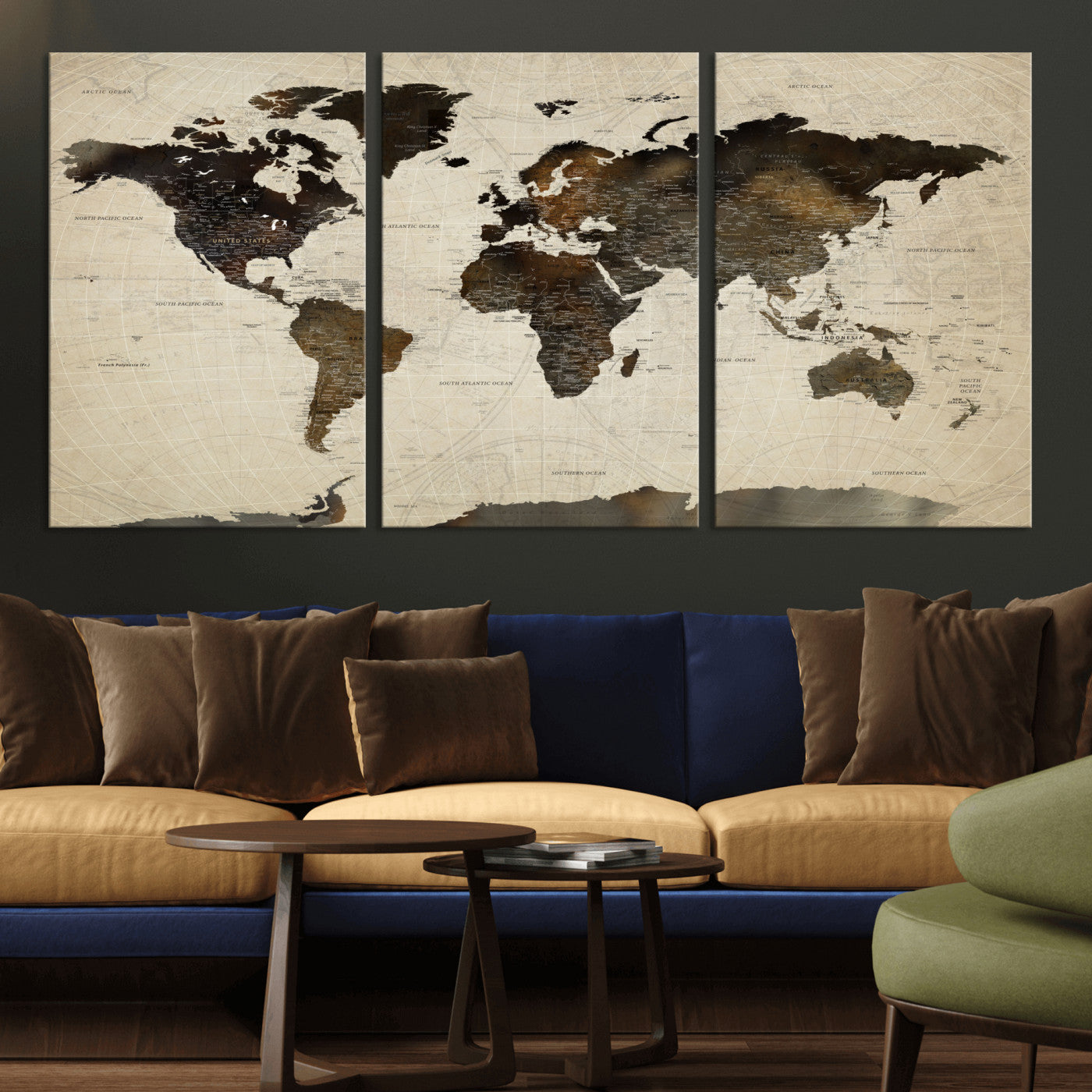 81771296-MGV-CV-60X30-3P - World Map Wall Art Canvas Print, Modern Decorative Framed Map Artwork Prints for Living Room, Office, Bedroom Wall Decor