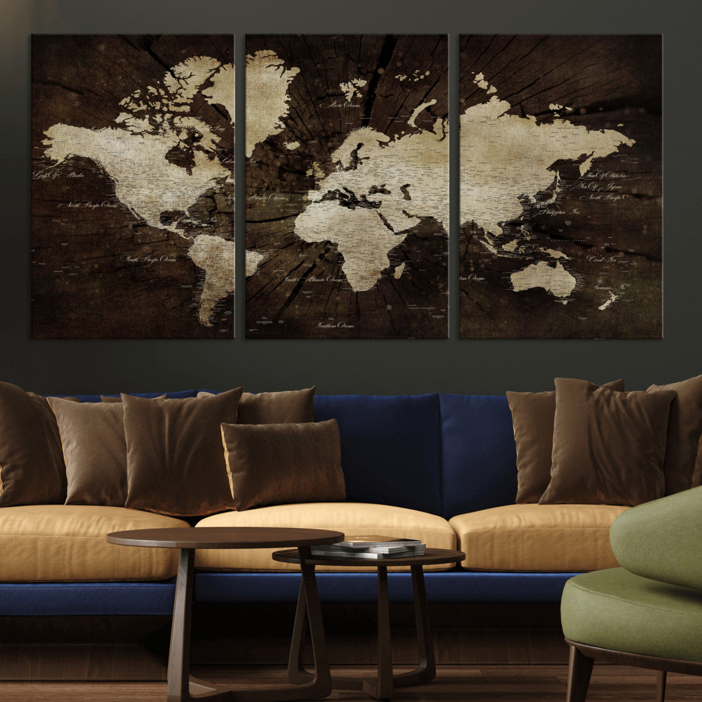 24010397-MGV-CV-60X30-3P - World Map Wall Art Canvas Print, Modern Decorative Framed Map Artwork Prints for Living Room, Office, Bedroom Wall Decor