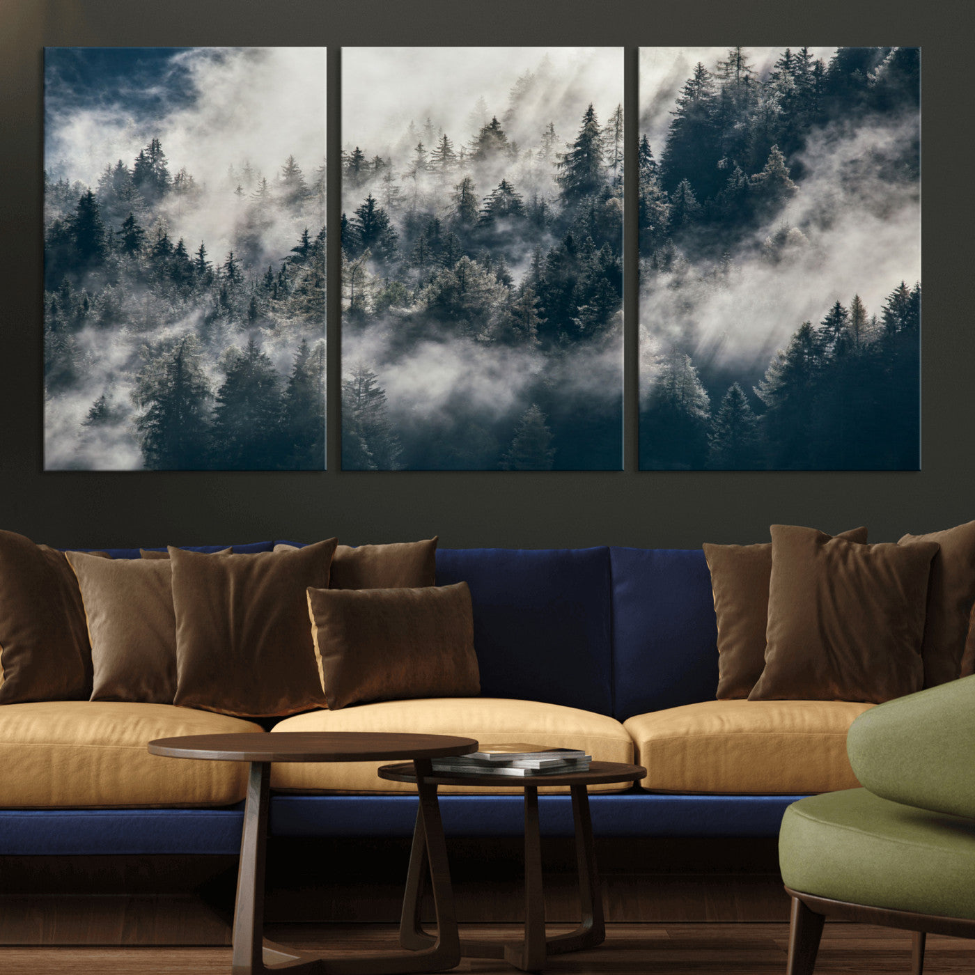 270372951-MGV-CV-60X30-3P - Misty Pine Forest Canvas Wall Art – Dark Forest Mountaing and Nature Landscape Print, Horizontal Canvas Print