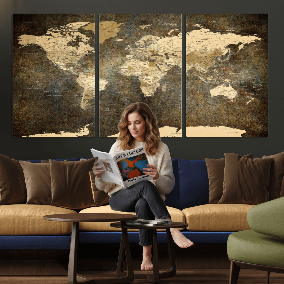 89742472-MGV-CV-36X24 - Large Framed Vintage World Map Wall Art Print for Home Wall