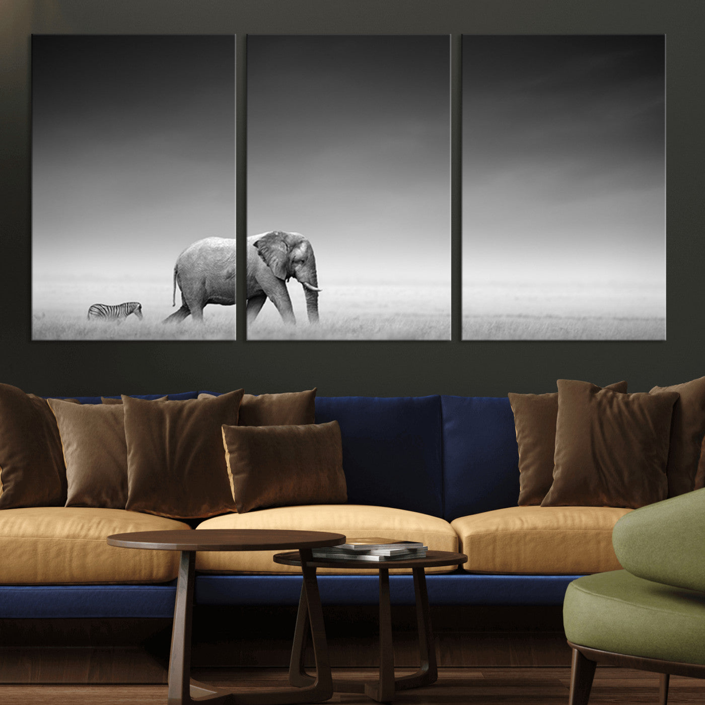 -Elephand and Zebra Wall Art Canvas Print, Modern Artwork