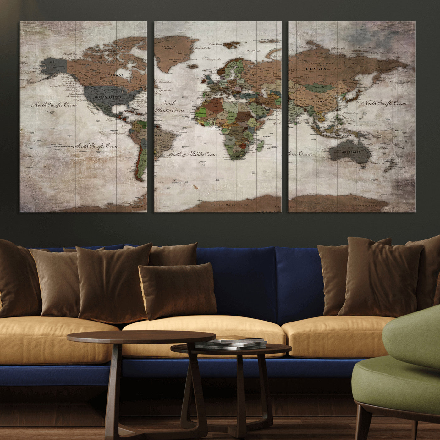 65393892-MGV-CV-36X24 - World Map Wall Art Canvas Print, Modern Decorative Framed Map Artwork Prints for Living Room, Office, Bedroom Wall Decor