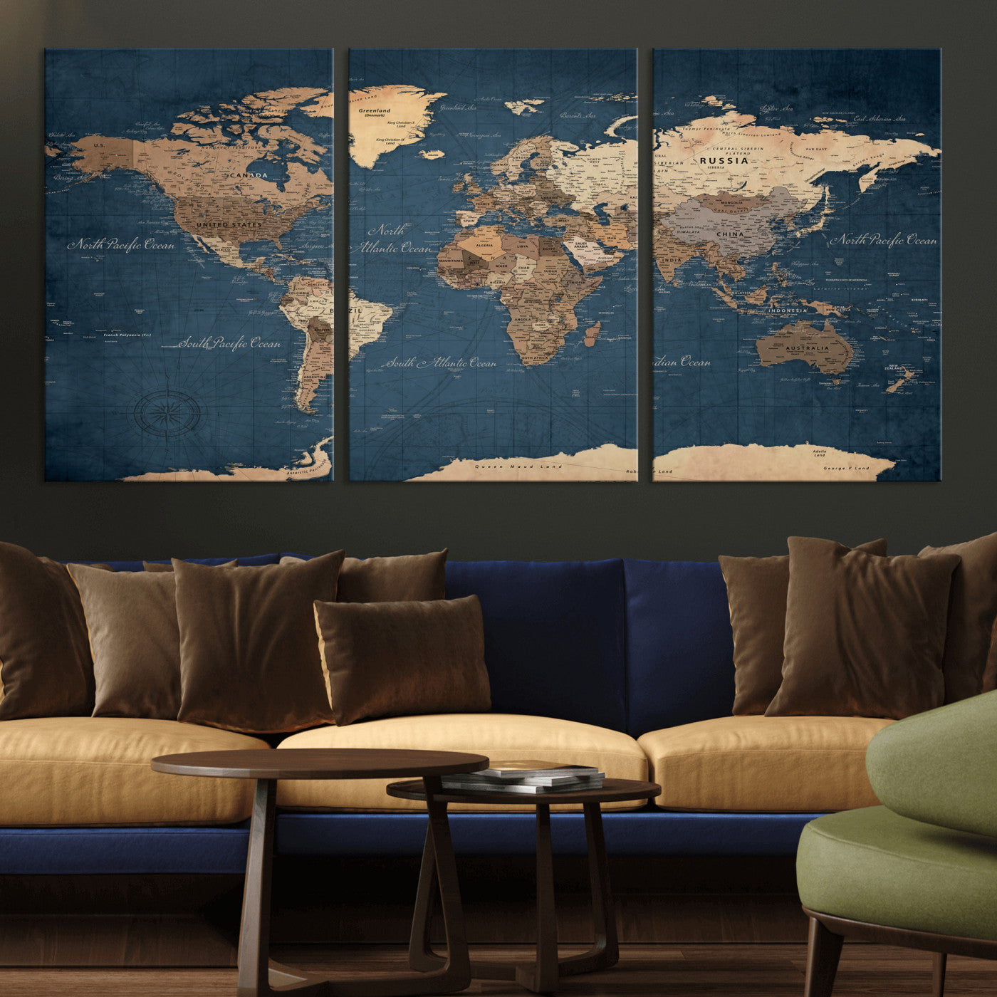 69886352-MGV-CV-36X24 - World Map Wall Art Canvas Print, Modern Decorative Framed Map Artwork Prints for Living Room, Office, Bedroom Wall Decor