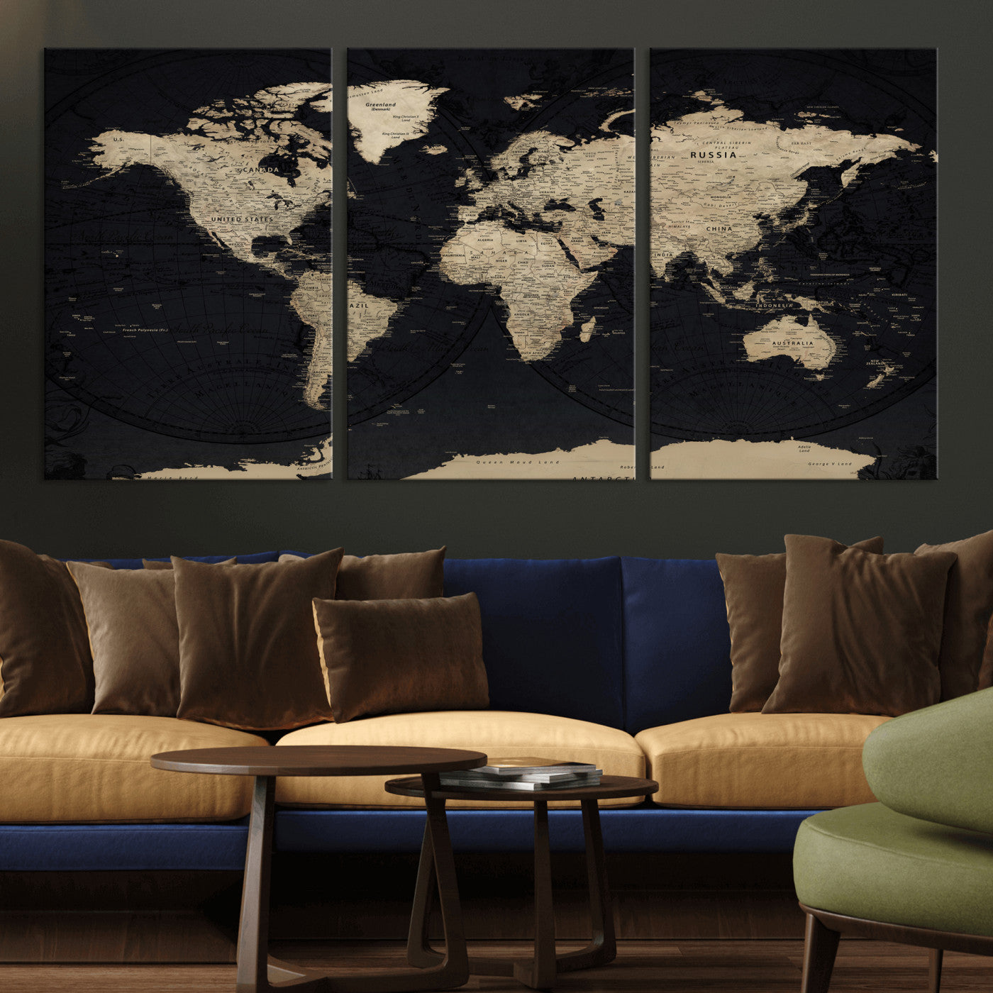 61835687-MGV-CV-36X24 - World Map Wall Art Canvas Print, Modern Decorative Framed Map Artwork Prints for Living Room, Office, Bedroom Wall Decor