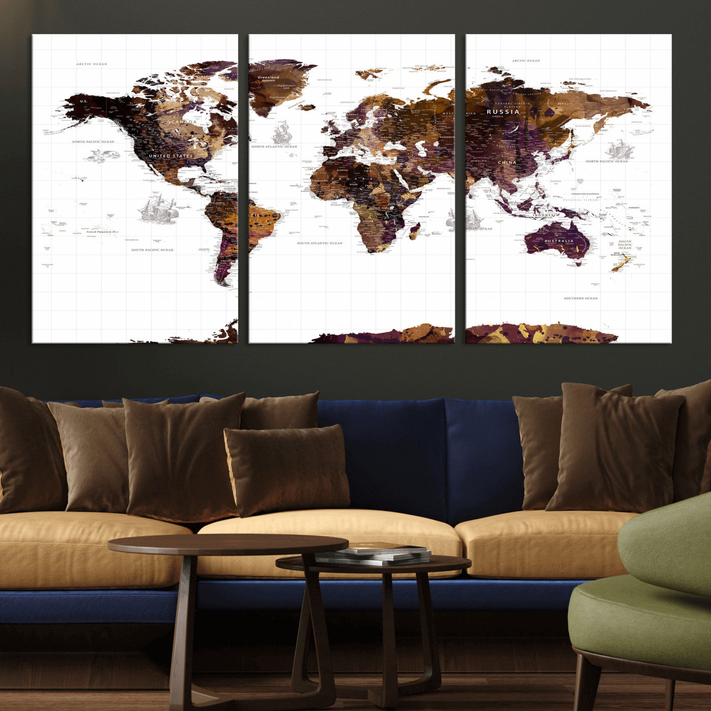 34792695-MGV-CV-36X24 - World Map Wall Art Canvas Print, Modern Decorative Framed Map Artwork Prints for Living Room, Office, Bedroom Wall Decor