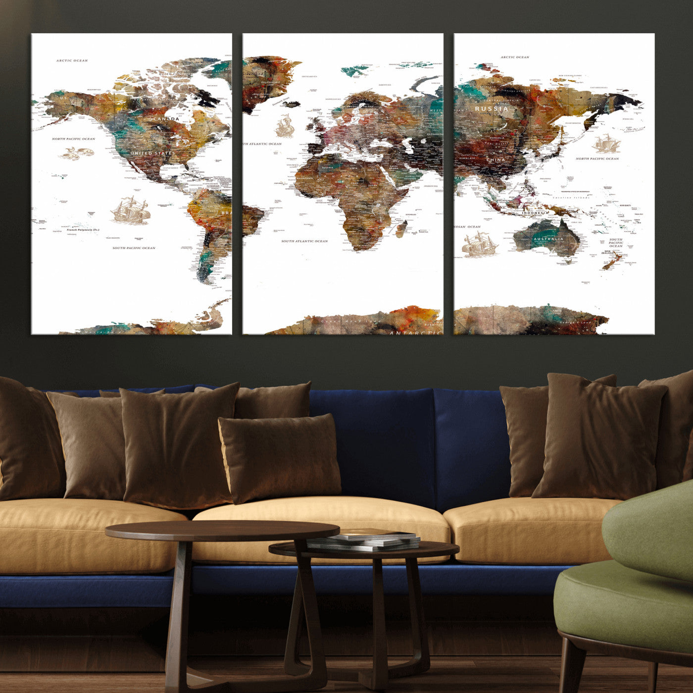 82293175-MGV-CV-36X24 - World Map Wall Art Canvas Print, Modern Decorative Framed Map Artwork Prints for Living Room, Office, Bedroom Wall Decor