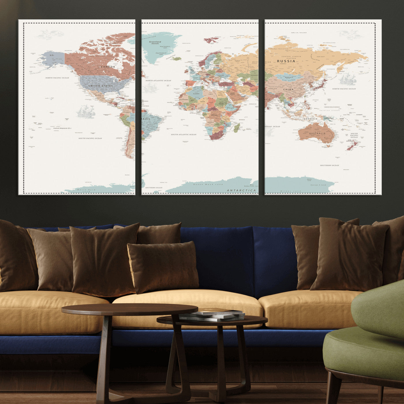 63447567-MGV-CV-36X24 - World Map Wall Art Canvas Print, Modern Decorative Framed Map Artwork Prints for Living Room, Office, Bedroom Wall Decor