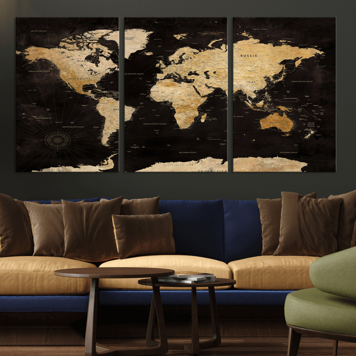 70468159-MGV-CV-36X24 - World Map Wall Art Canvas Print, Modern Decorative Framed Map Artwork Prints for Living Room, Office, Bedroom Wall Decor