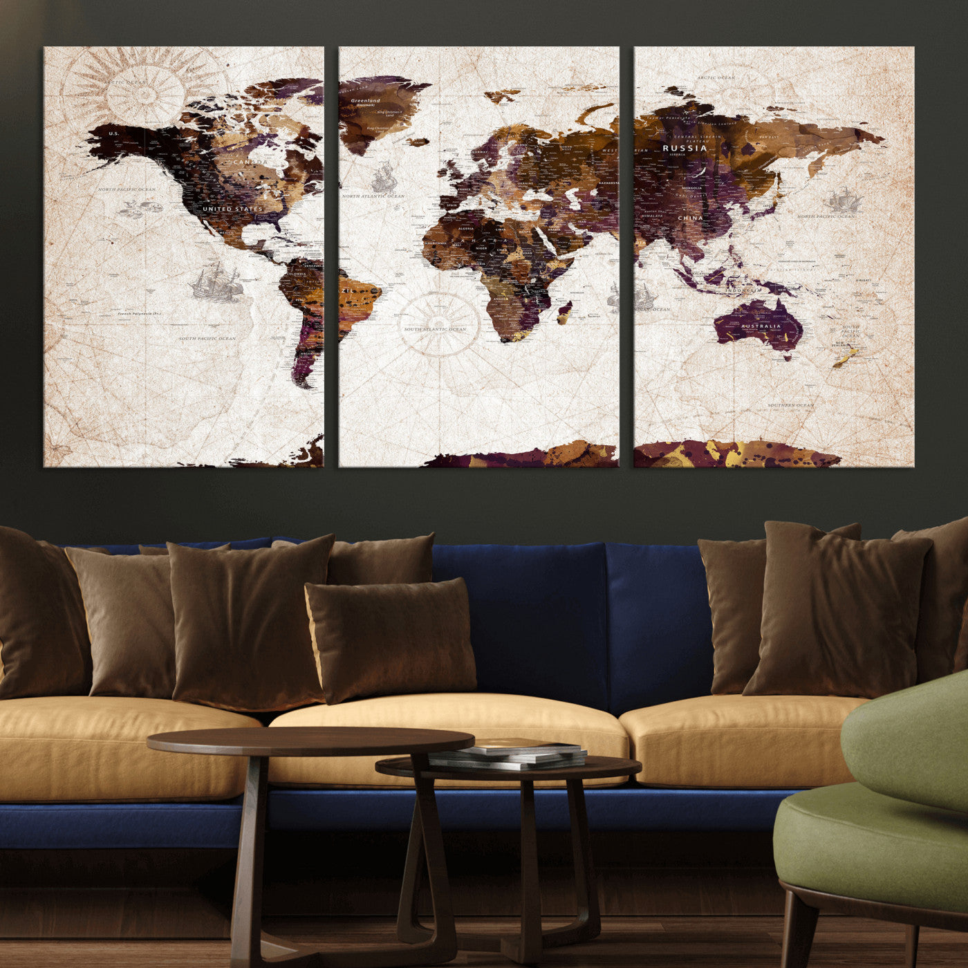 53400857-MGV-CV-36X24 - World Map Wall Art Canvas Print, Modern Decorative Framed Map Artwork Prints for Living Room, Office, Bedroom Wall Decor
