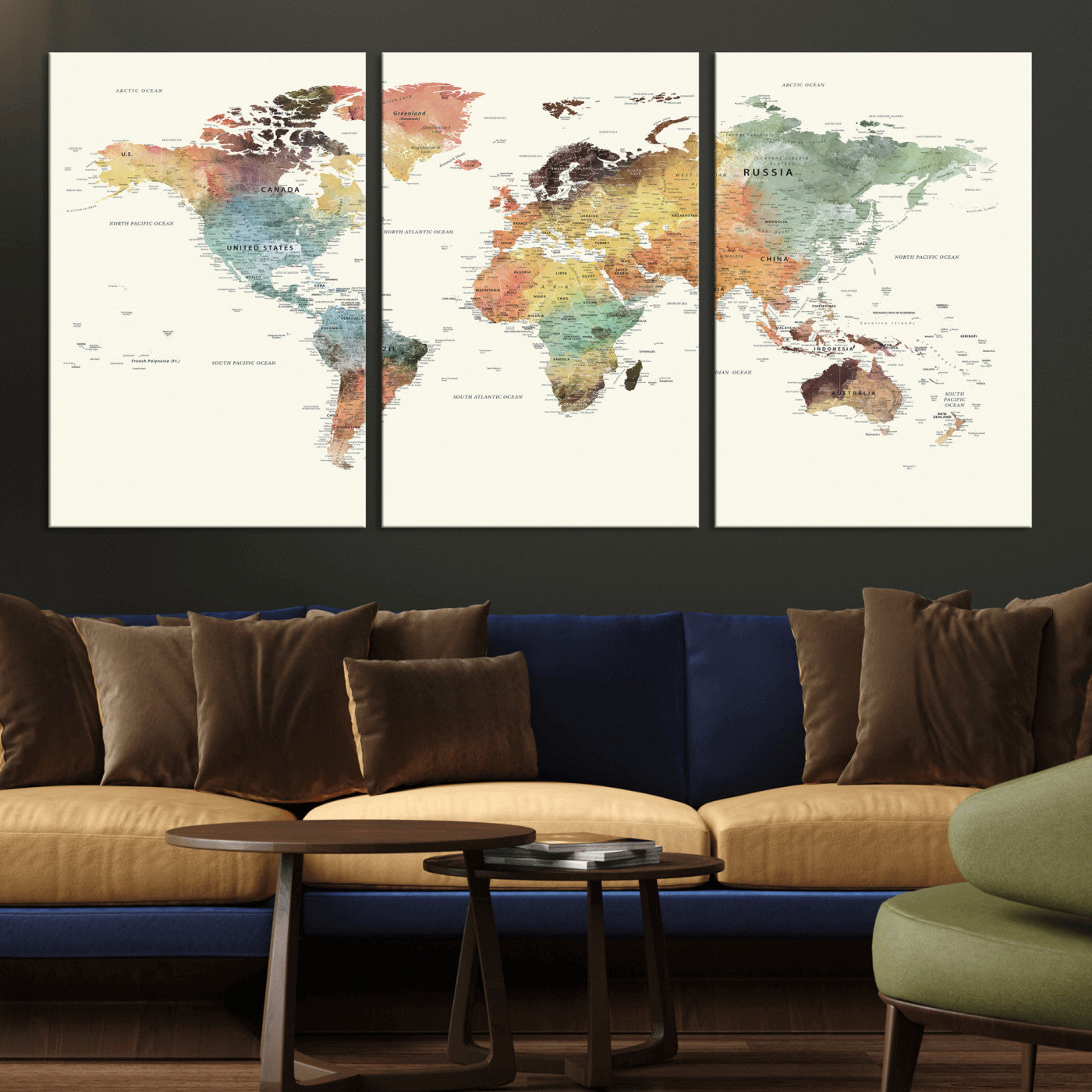 64206059-MGV-CV-36X24 - World Map Wall Art Canvas Print, Modern Decorative Framed Map Artwork Prints for Living Room, Office, Bedroom Wall Decor