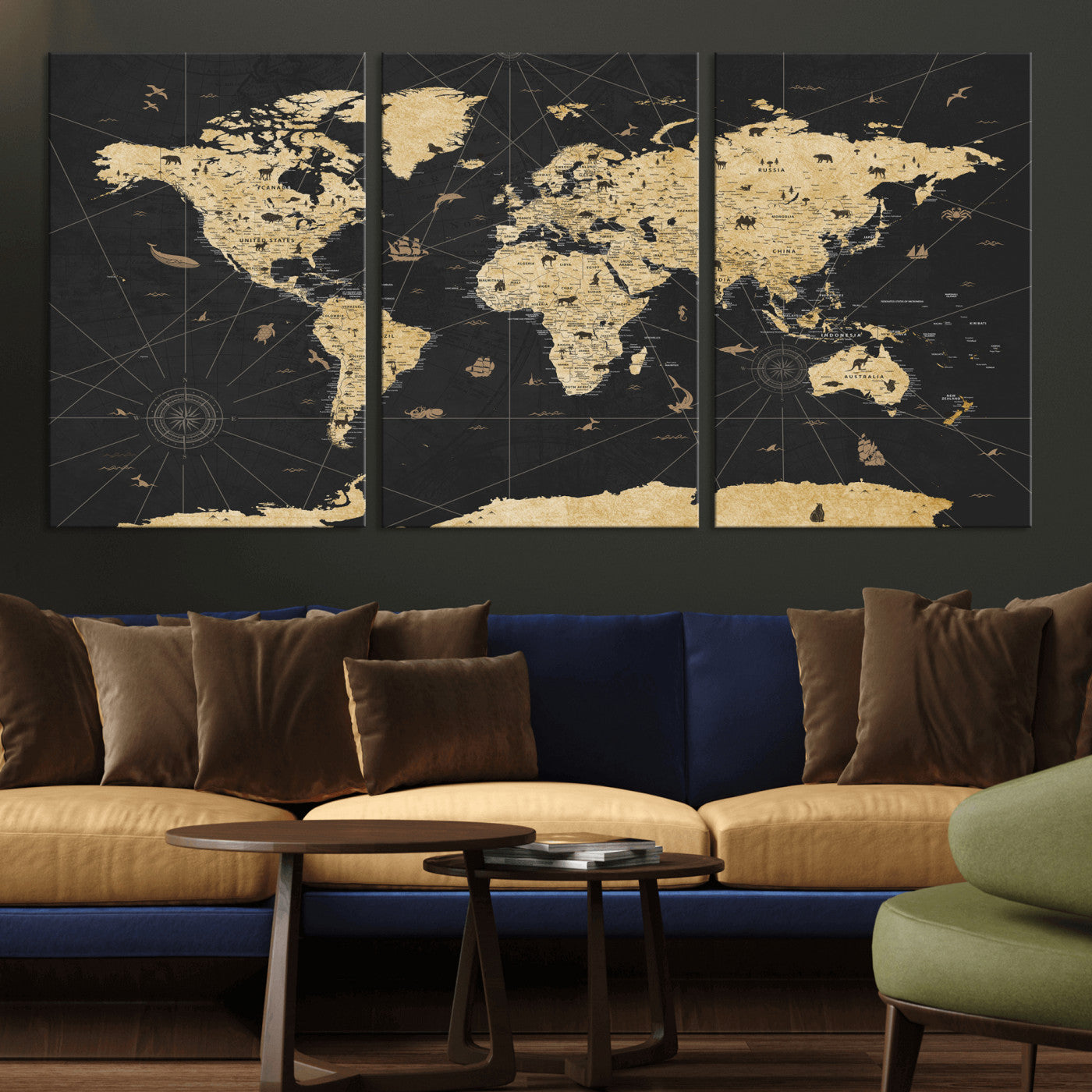 80270976-MGV-CV-36X24 - World Map Wall Art Canvas Print, Modern Decorative Framed Map Artwork Prints for Living Room, Office, Bedroom Wall Decor