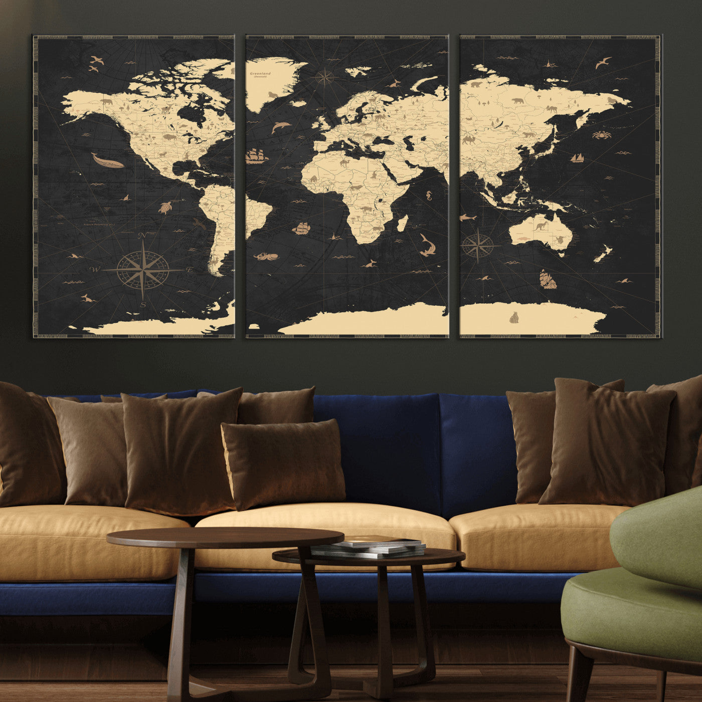 75220264-MGV-CV-36X24 - World Map Wall Art Canvas Print, Modern Decorative Framed Map Artwork Prints for Living Room, Office, Bedroom Wall Decor