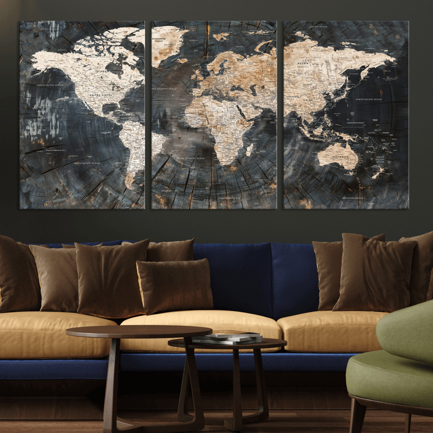 89162112-MGV-CV-36X24 - World Map Wall Art Canvas Print, Modern Decorative Framed Map Artwork Prints for Living Room, Office, Bedroom Wall Decor