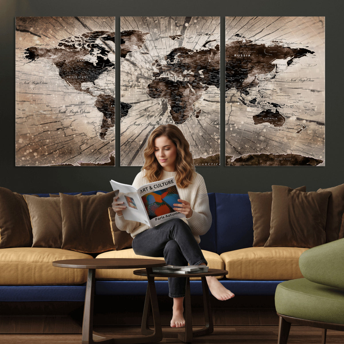 94623295-MGV-CV-36X24 - World Map Wall Art Canvas Print, Modern Decorative Framed Map Artwork Prints for Living Room, Office, Bedroom Wall Decor