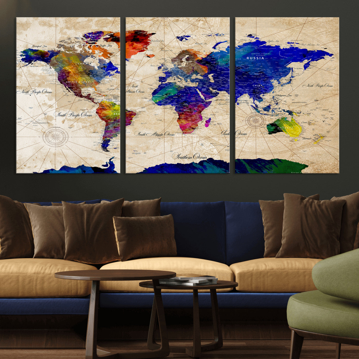 26284075-MGV-CV-36X24 - World Map Wall Art Canvas Print, Modern Decorative Framed Map Artwork Prints for Living Room, Office, Bedroom Wall Decor