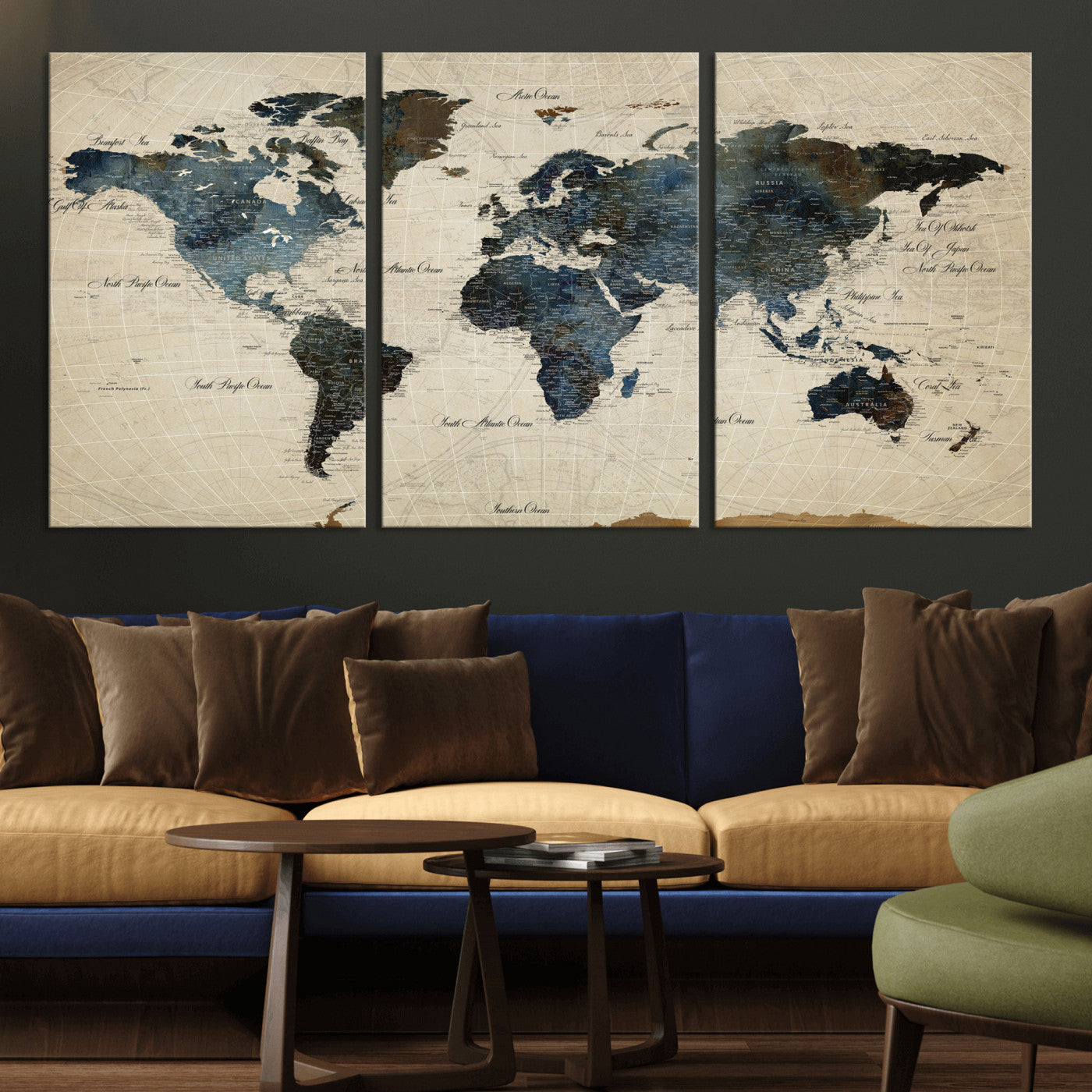 72927803-MGV-CV-36X24 - World Map Wall Art Canvas Print, Modern Decorative Framed Map Artwork Prints for Living Room, Office, Bedroom Wall Decor