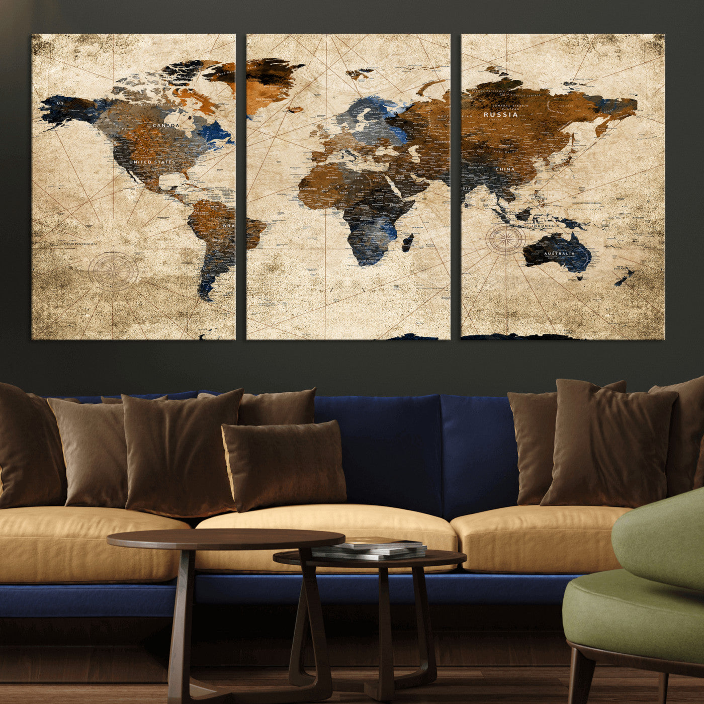 27163414-MGV-CV-36X24 - World Map Wall Art – Rustic Earth Tone Canvas Print, Antique Travel Map Design for Living Room, Office or Study, Classic Adventure Decor