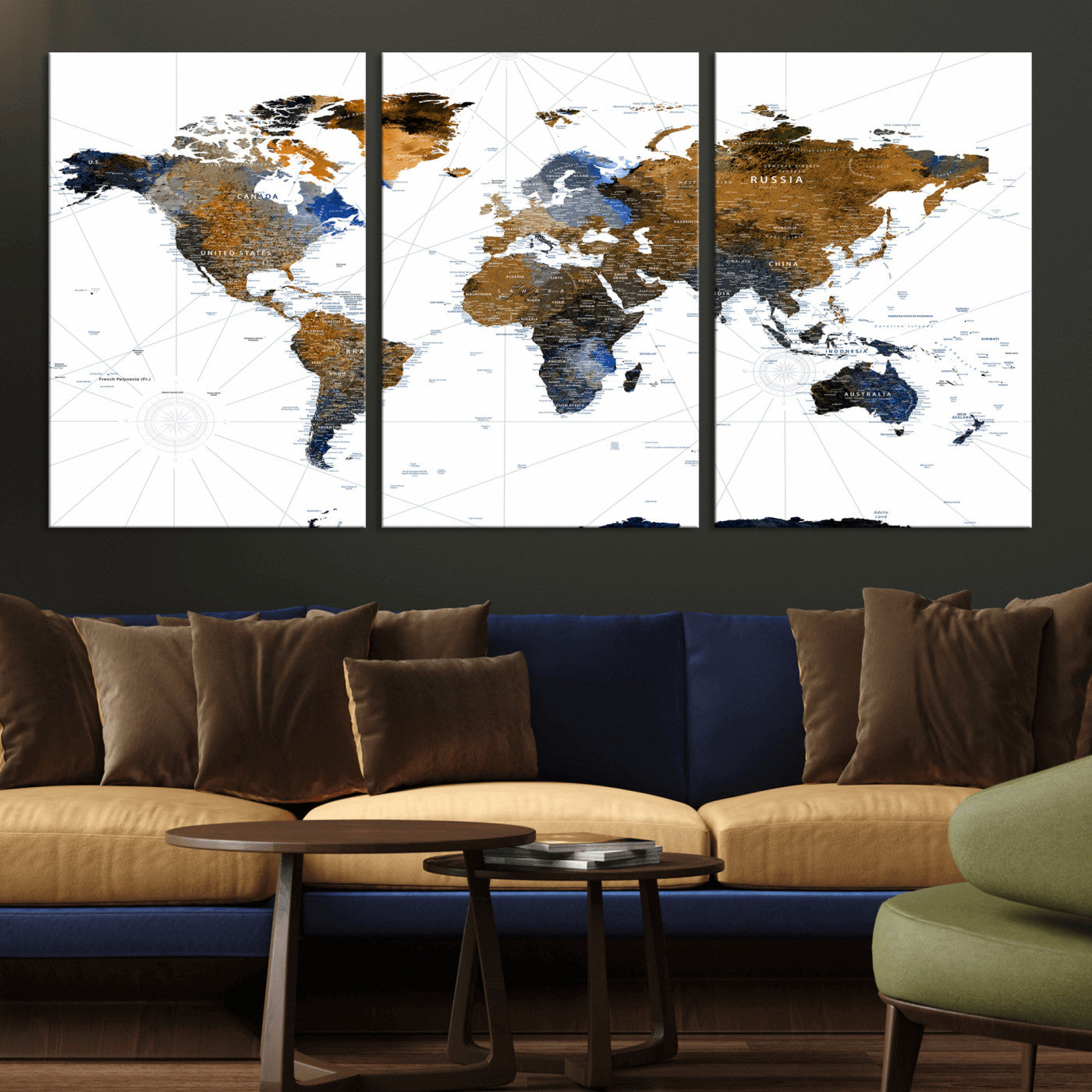 56364879-MGV-CV-36X24 - World Map Wall Art Canvas Print, Modern Decorative Framed Map Artwork Prints for Living Room Decor