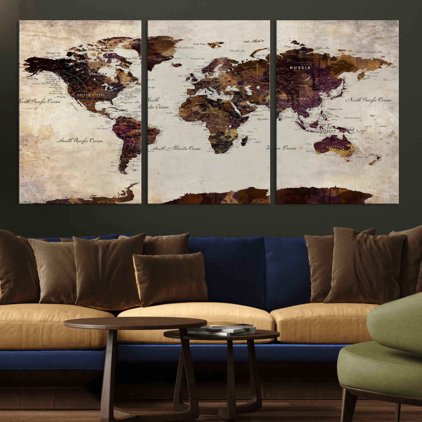 50611123-MGV-CV-36X24 - World Map Canvas Triptych – Colorful Global Wall Art for Living Rooms, Offices, and Study Spaces