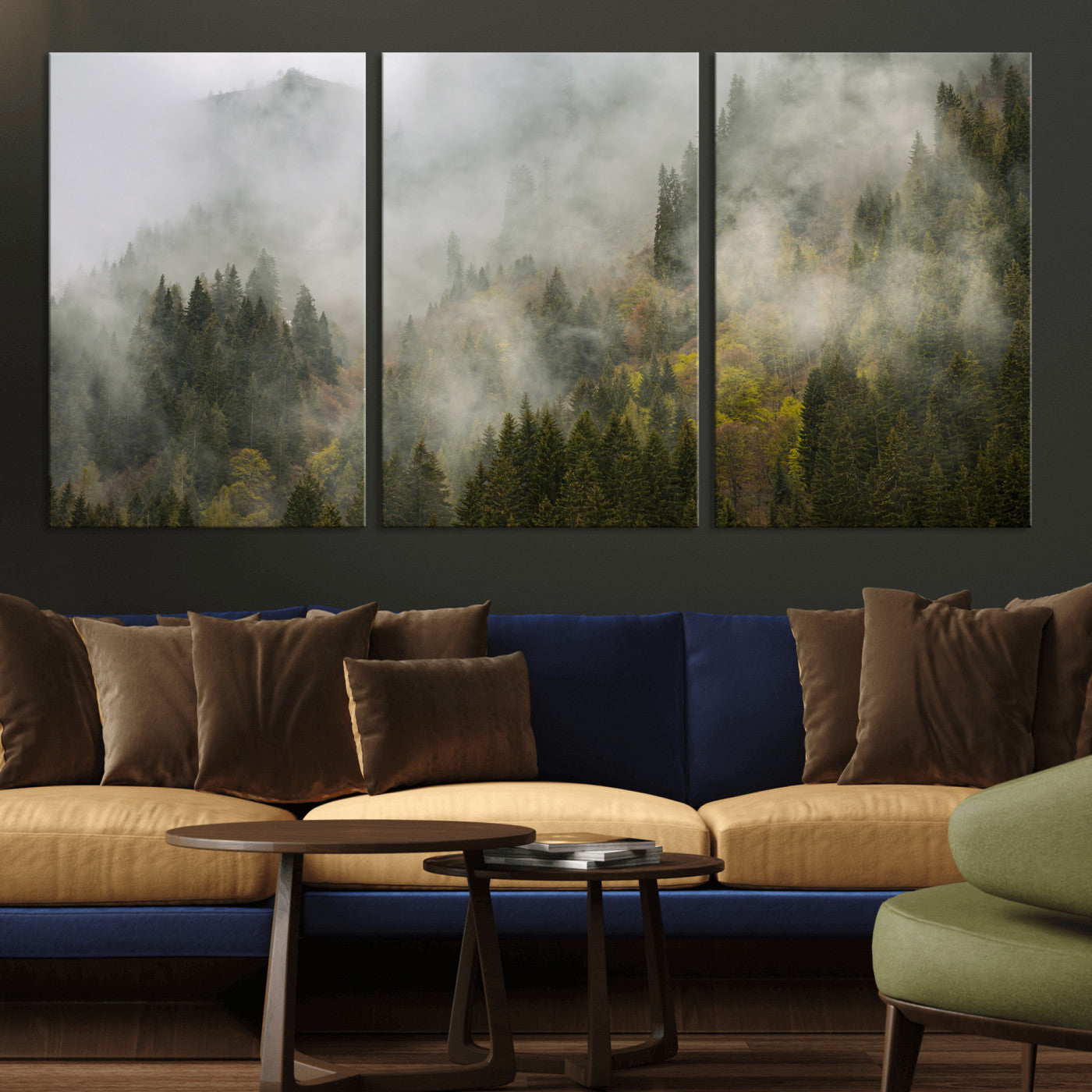 31152954-MGV-CV-36X24 - Misty Mountain Forest Canvas Print, Foggy Pine Trees Nature Wall Art, Framed Canvas Ready to Hang