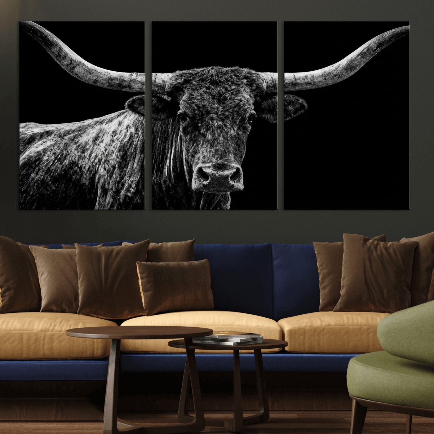 86568508-MGV-CV-36X24 - Vintage Texas Longhorn Bull Wall Art Canvas Print, Texas Cow Portrait Print, Framed Bull Wall Art Ready to Hang