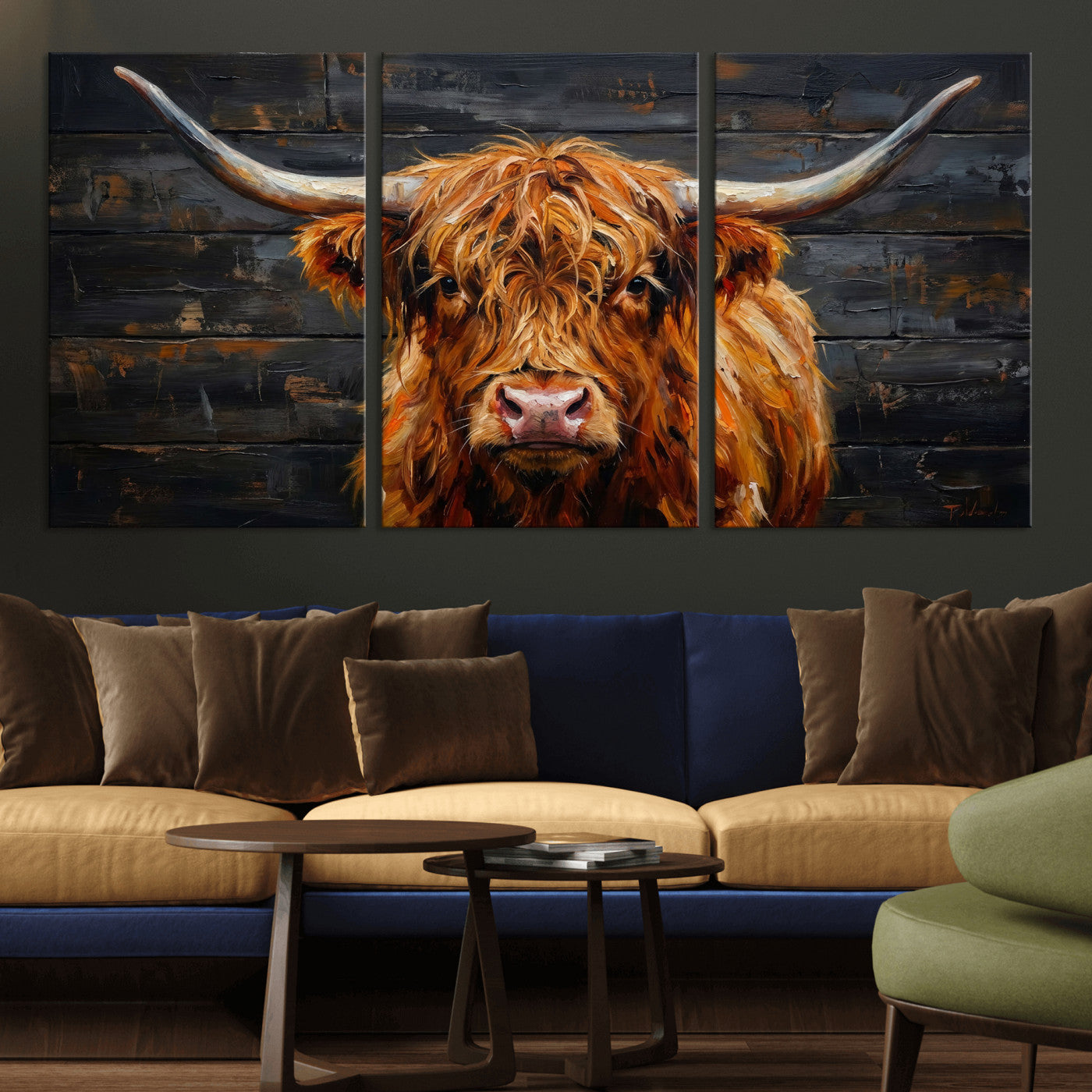 32536611-MGV-CV-36X24 - Highland Cow Wall Art Canvas Print, Rustic Farm Animal Painting, Framed Wall Art Ready to Hang