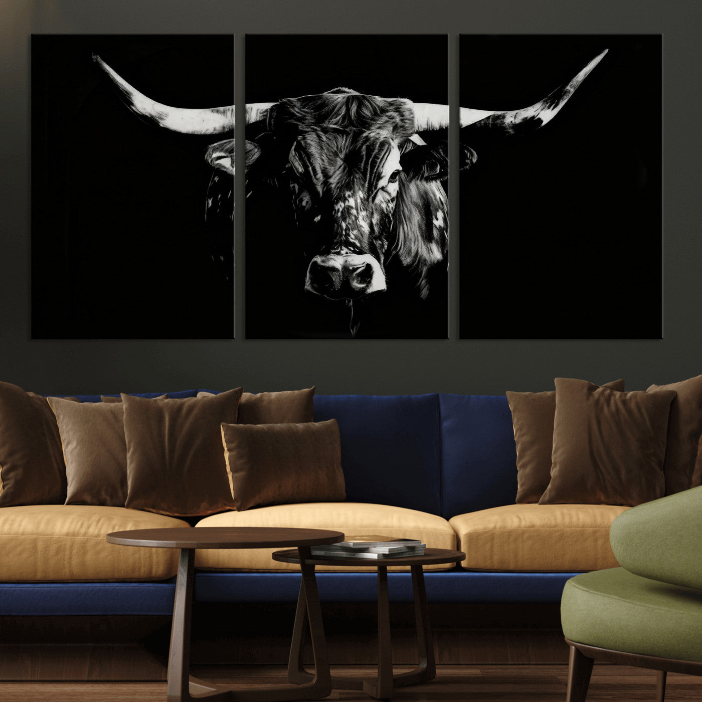 21436434-MGV-CV-36X24 - Black Bull Wall Art Canvas Print, Dark Longhorn Portrait Photography, Framed Wall Art Ready to Hang