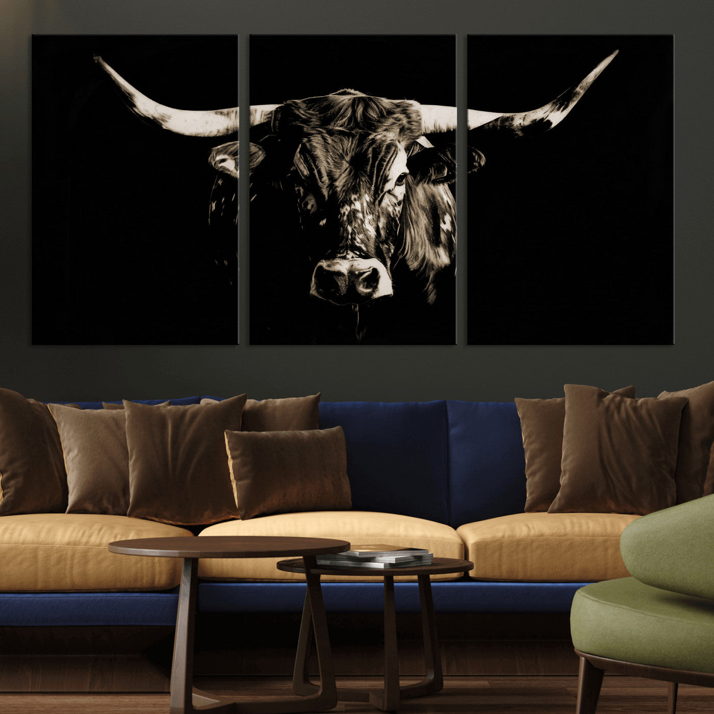 75774468-MGV-CV-36X24 - Black Bull Wall Art Canvas Print, Dark Longhorn Portrait Photography, Framed Wall Art Ready to Hang