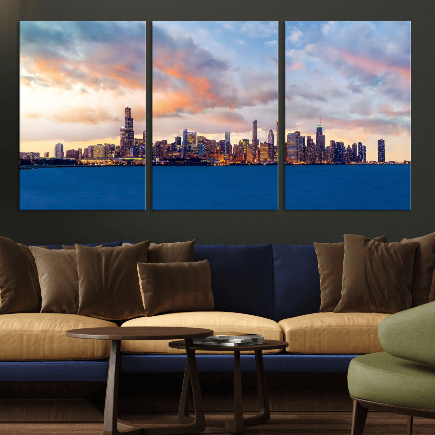 34667960-MGV-CV-36X24 - Chicago Wall Art Canvas Print, Chicago City Downtown Night Cityscape Print for Modern Urban Wall Decor