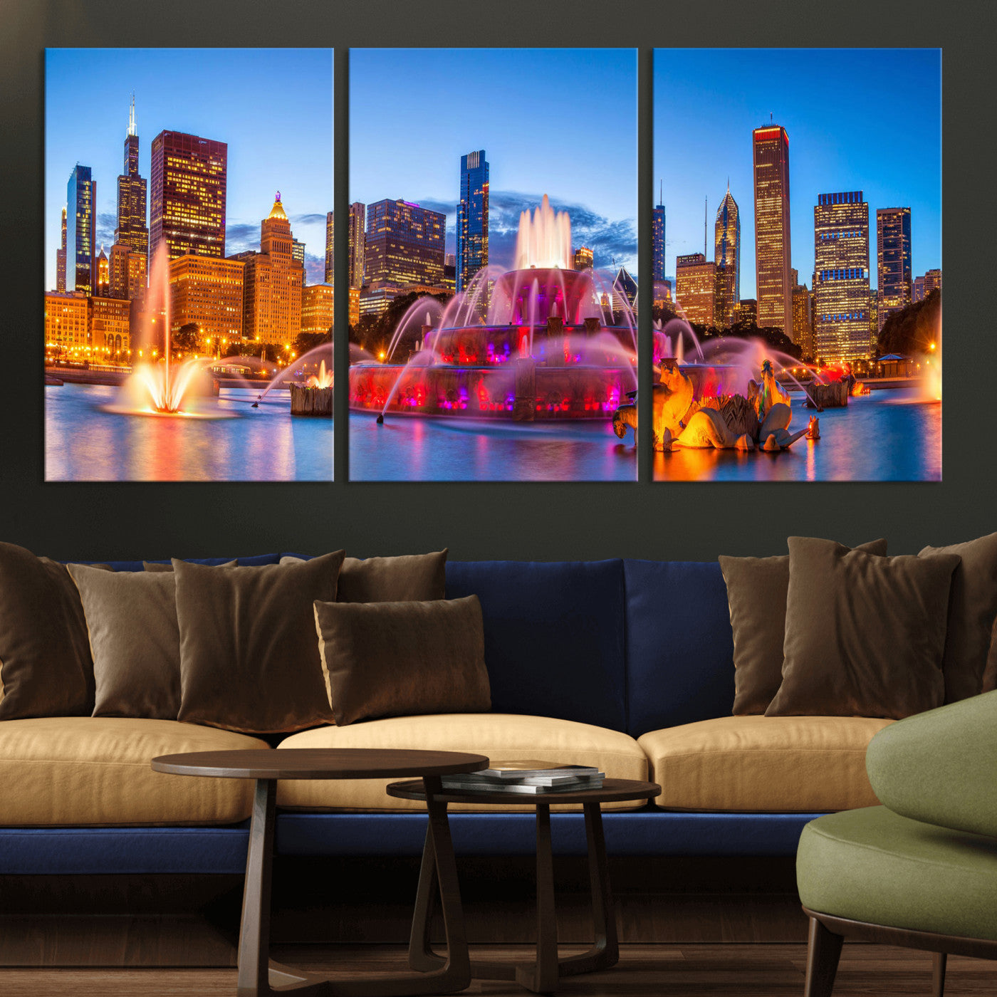 20251989-MGV-CV-36X24 - Chicago Wall Art Canvas Print, Chicago City Downtown Night Cityscape Print for Modern Urban Wall Decor