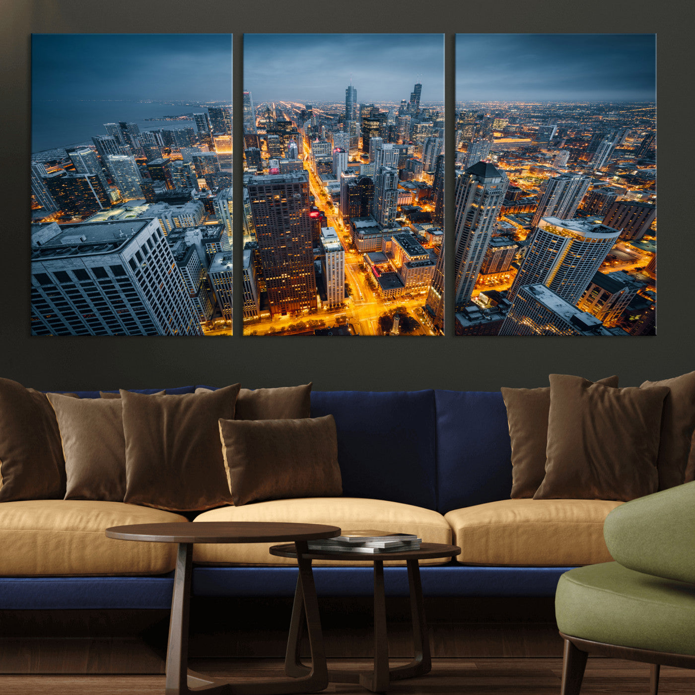 81742538-MGV-CV-36X24 - Chicago Wall Art Canvas Print, Chicago City Downtown Night Cityscape Print for Modern Urban Wall Decor