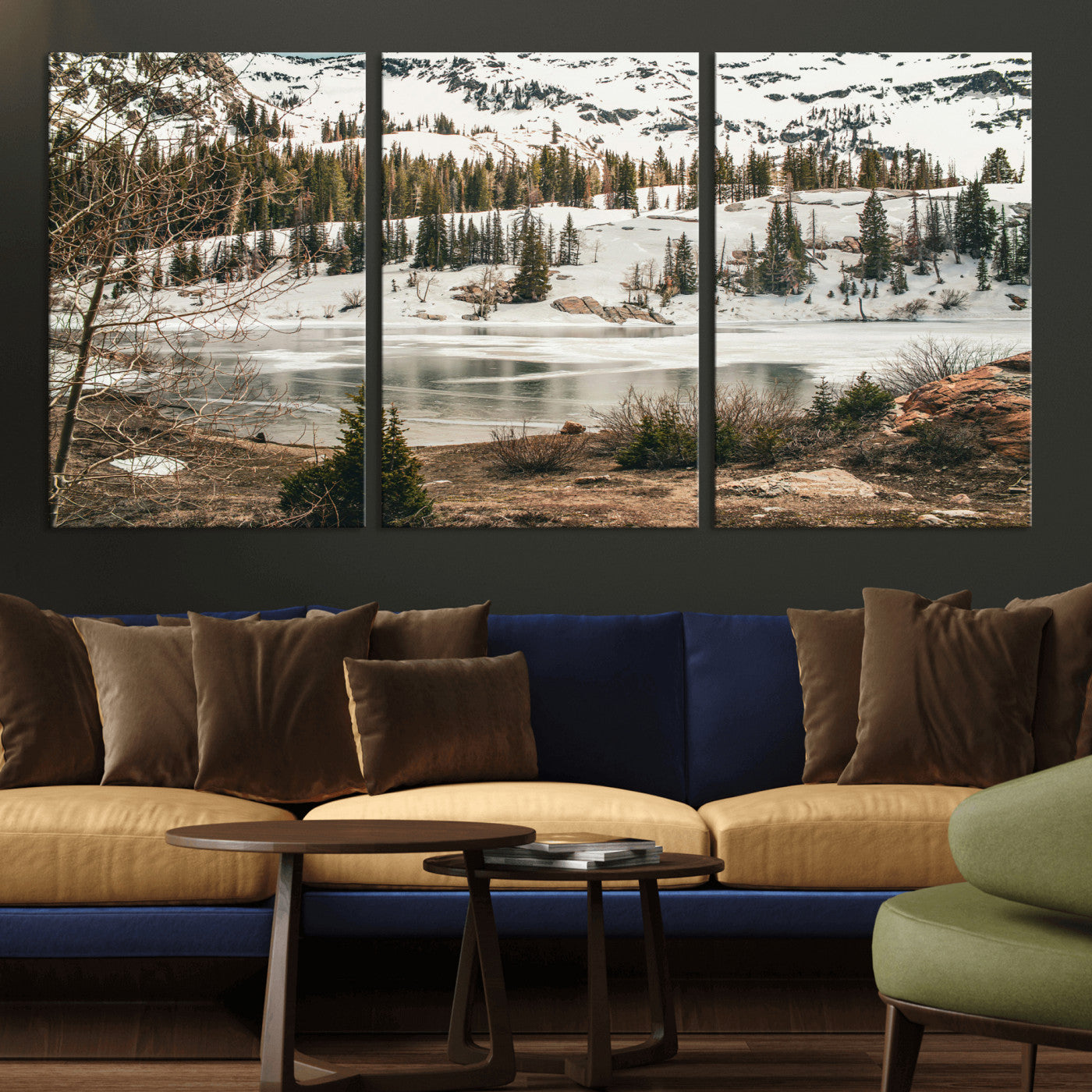 10336249-MGV-CV-36X24 - Snowy Mountain Landscape Wall Art Canvas Print, Alpine Pine Forest Winter Nature Wall Decor for Living Room and Office