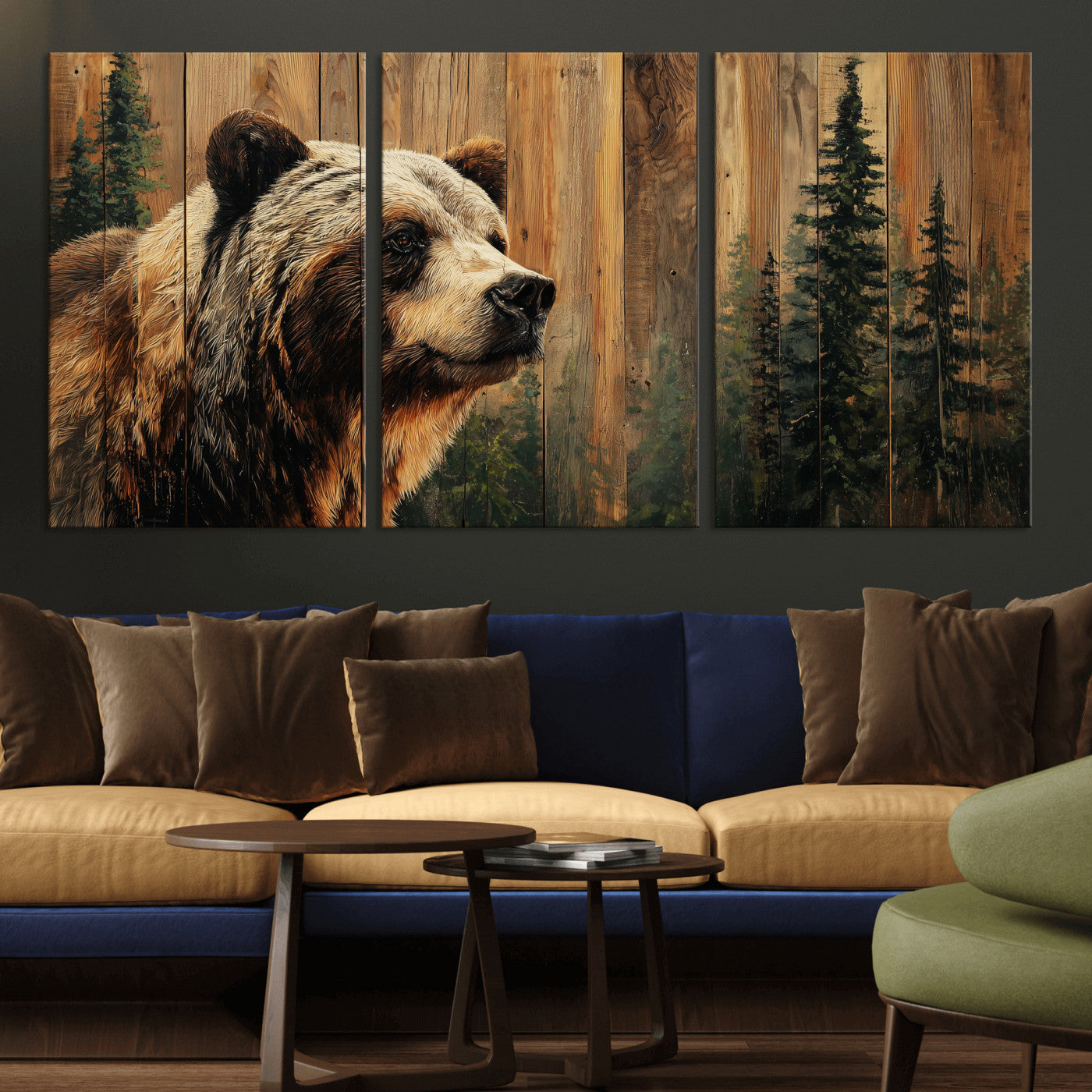 75645180-MGV-CV-36X24 - Grizzly Bear Wall Art Canvas Print, Rustic Wildlife Bear Artwork, Forest Animal Painting, Cabin Lodge Nature Wall Decor