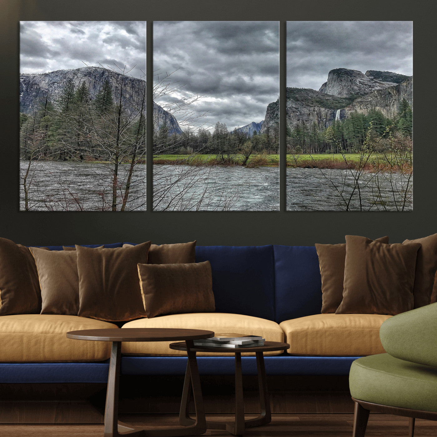 75582552-MGV-CV-36X24 - Yosemite Valley River Landscape Wall Art Canvas Print, Granite Cliffs Forest River Canvas Print, California National Park Moody Scenic Art Printi