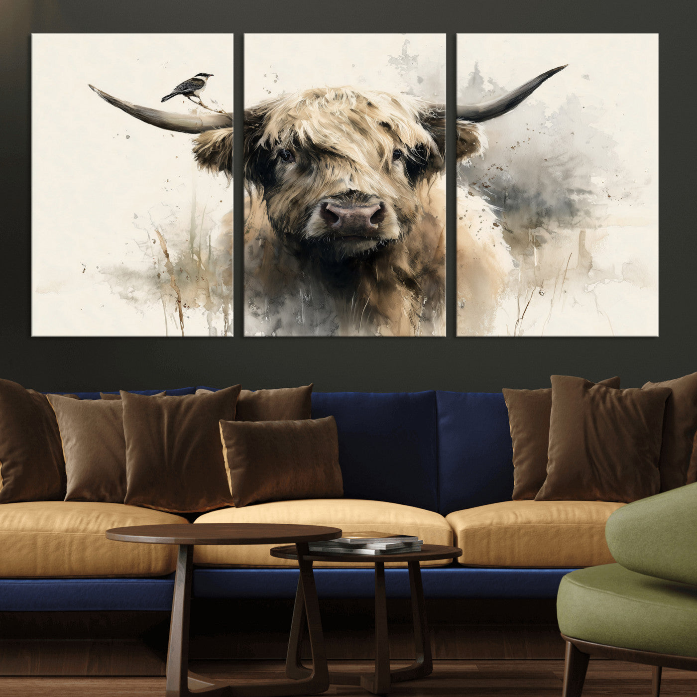 98249290-MGV-CV-36X24 - Abstract Highland Cow Watercolor Animal Wall Art Canvas Print, Rustic Farm Cattle Portrait Canvas Print, Neutral Wildlife Farmhouse Art Printing