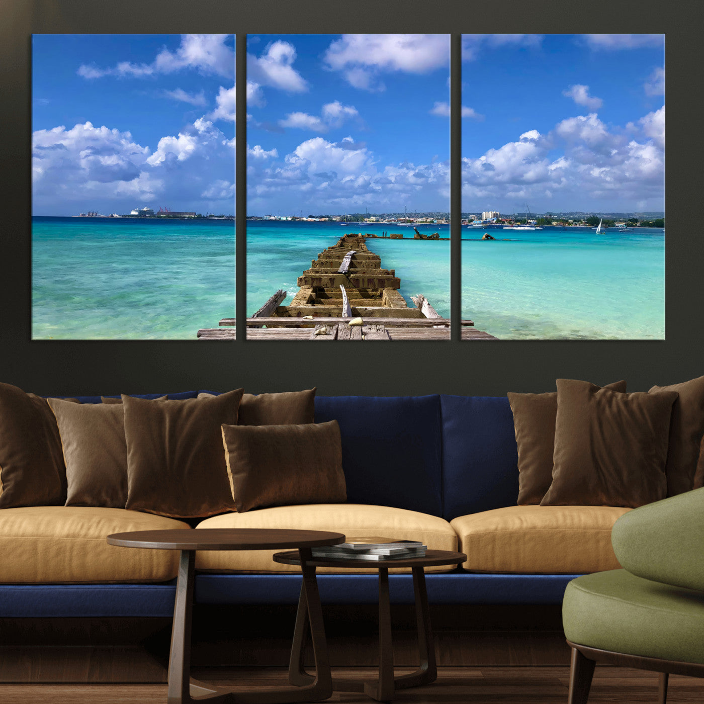 43165024-MGV-CV-36X24 - Caribbean Ocean Pier Seascape Wall Art Canvas Print, Turquoise Sea Tropical Harbor Canvas Print, Island Coastal Blue Water Scenic Art Printing