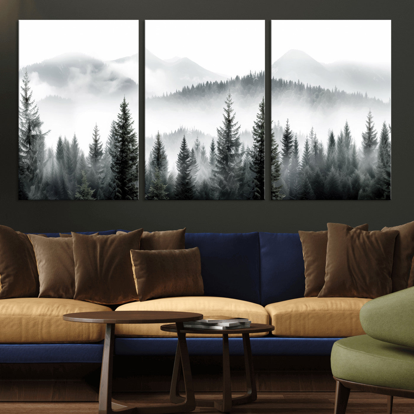 38819032-MGV-CV-36X24 - Misty Pine Forest Mountain Landscape Wall Art Canvas Print, Foggy Evergreen Trees Minimal Nature Canvas Print, Monochrome Wilderness Scenic Art Printing