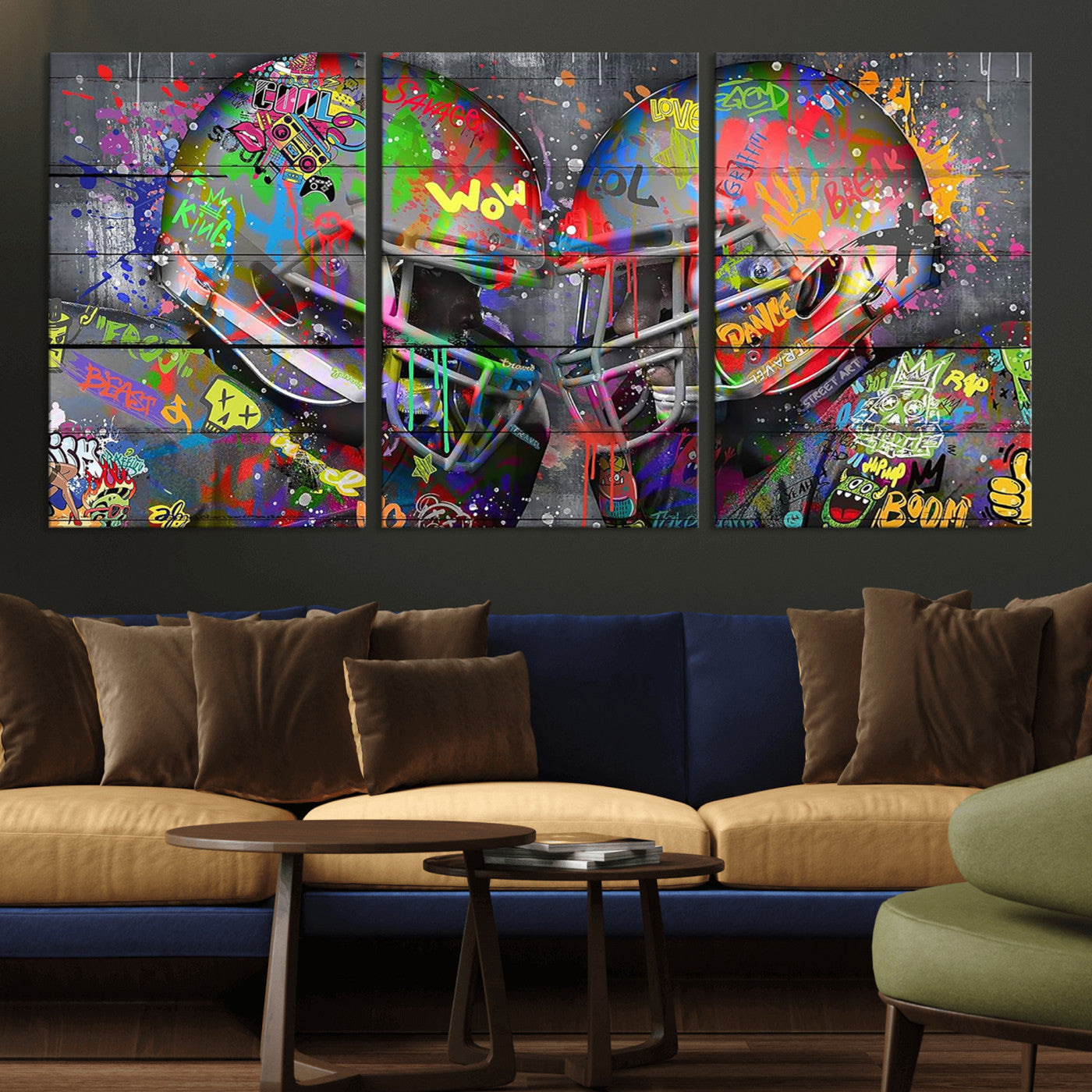 15309853-MGV-CV-36X24 - Graffiti Football Helmets Wall Art Canvas Print, Urban Street Art Sports Decor, Colorful American Football Graffiti Artwork