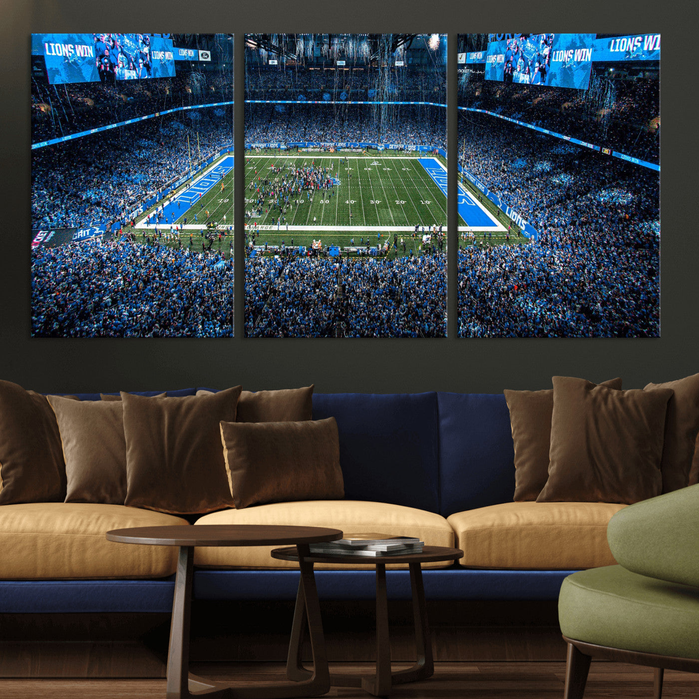 80882005-MGV-CV-36X24 - Detroit Lions Stadium Wall Art Canvas Print, Football Field Panorama Artwork, NFL Game Night Stadium Decor