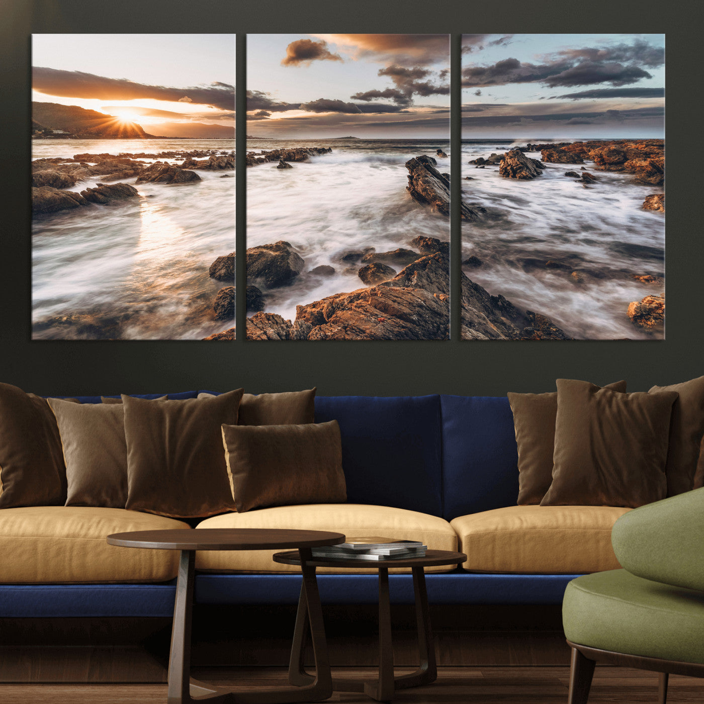 66746024-MGV-CV-36X24 - Rocky Coast Ocean Sunset Wall Art Canvas Print, Dramatic Seascape Nature Wall Decor for Living Room and Office