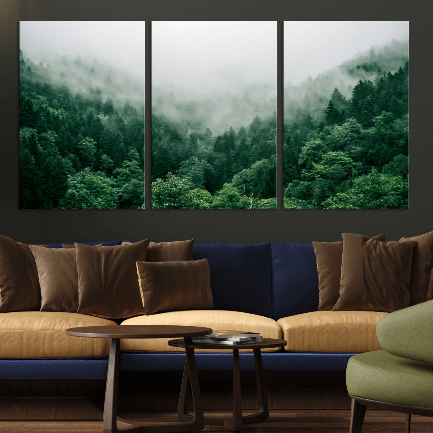 61640815-MGV-CV-36X24 - Misty Pine Forest Wall Art Canvas Print, Foggy Evergreen Landscape Wall Decor, Moody Green Nature Artwork, Minimal Forest Canvas Wall Art, Framed Canvas Wall Art Ready to Hang