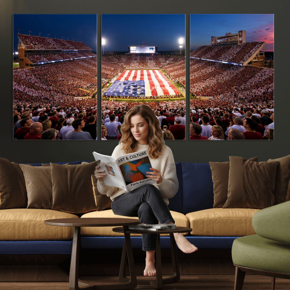 59917418-MGV-CV-36X24 - Oklahoma Memorial Stadium Wall Art Canvas Print – Oklahoma Sooners Football Artwork for Home, Office, and Sports Room Decor