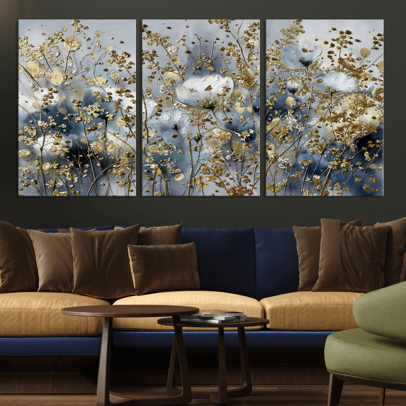 24499670-MGV-CV-36X24 - Abstract Floral Wall Art Canvas Print – Gold and Blue Botanical Artwork for Living Room, Bedroom, and Office Decor