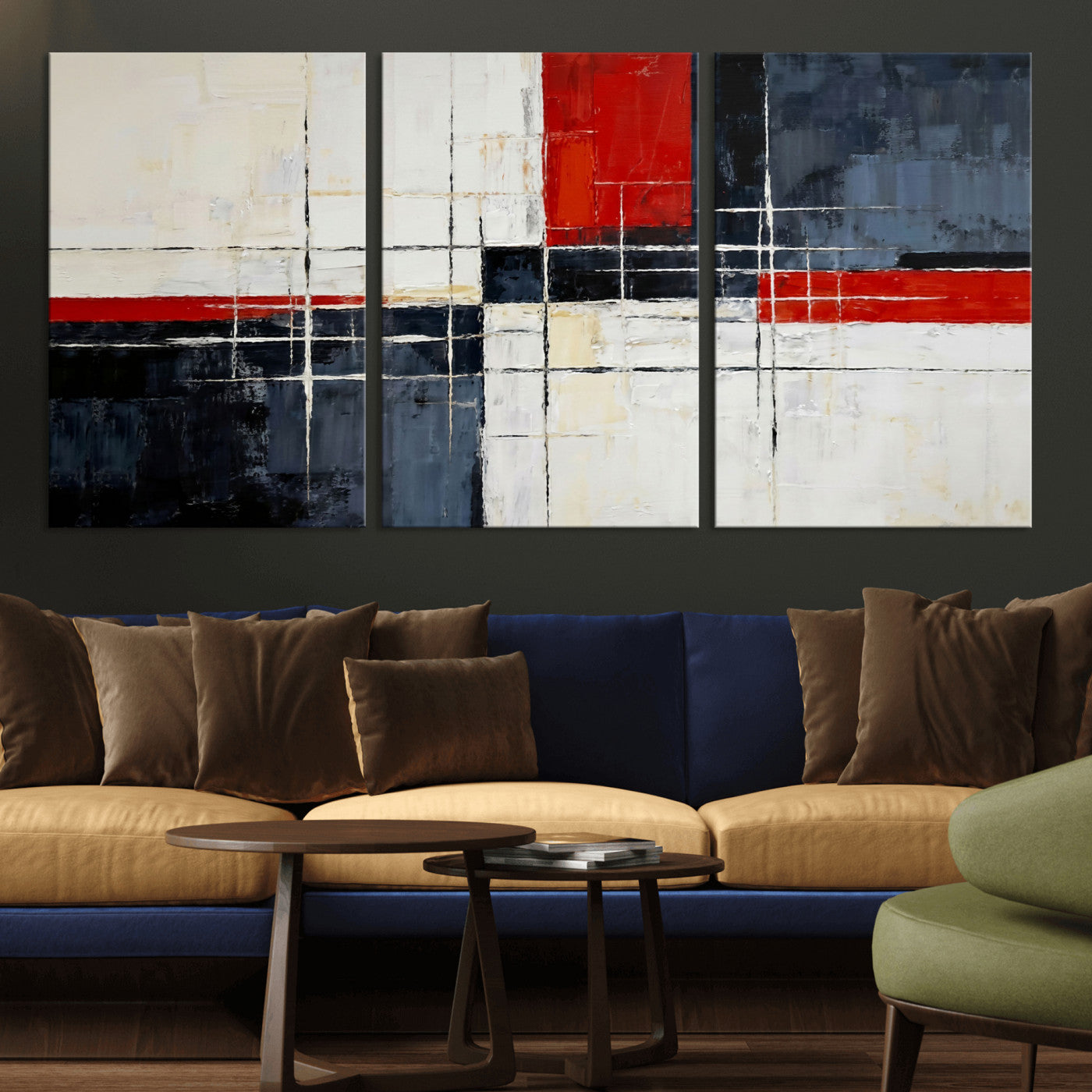 11921181-MGV-CV-36X24 - Navy Red Abstract Wall Art Canvas Print, Modern Luxury Geometric Painting Wall Decor for Living Room and Office